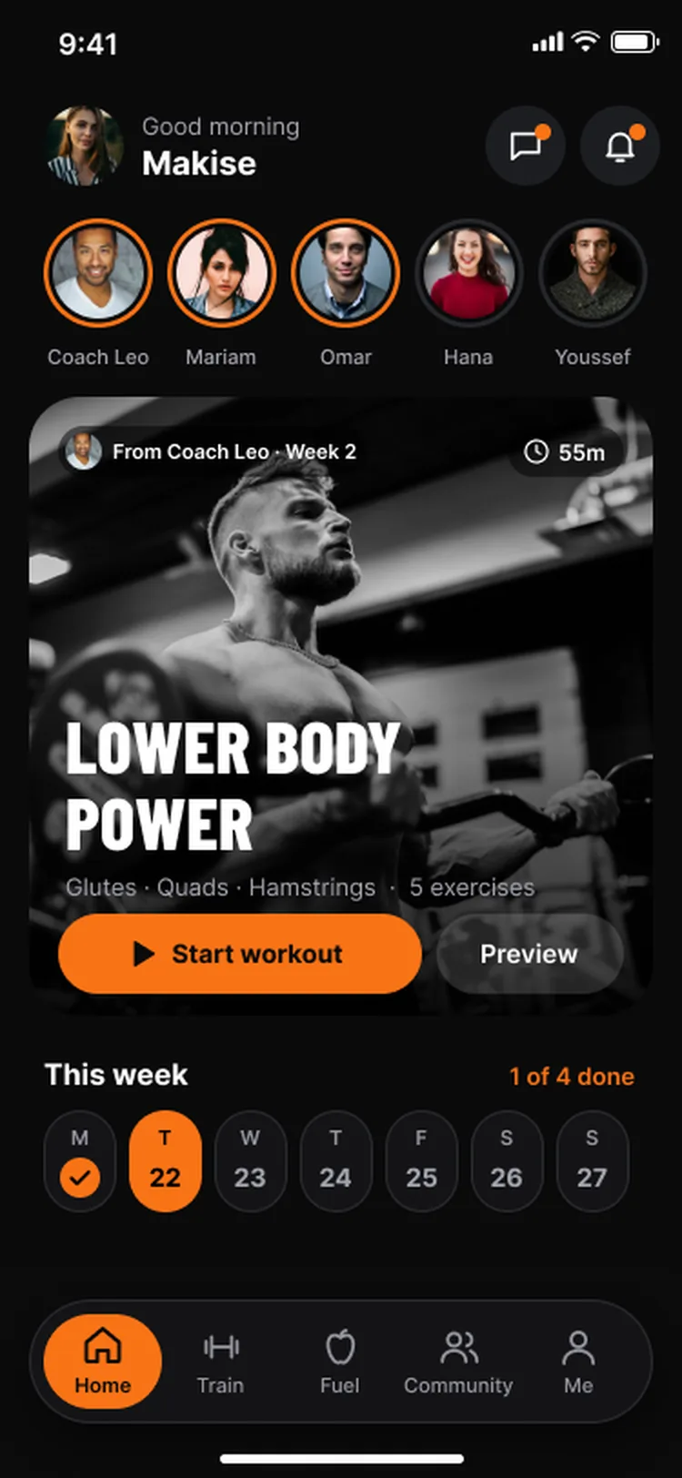Fit+ Home with today's workout, meals and messages