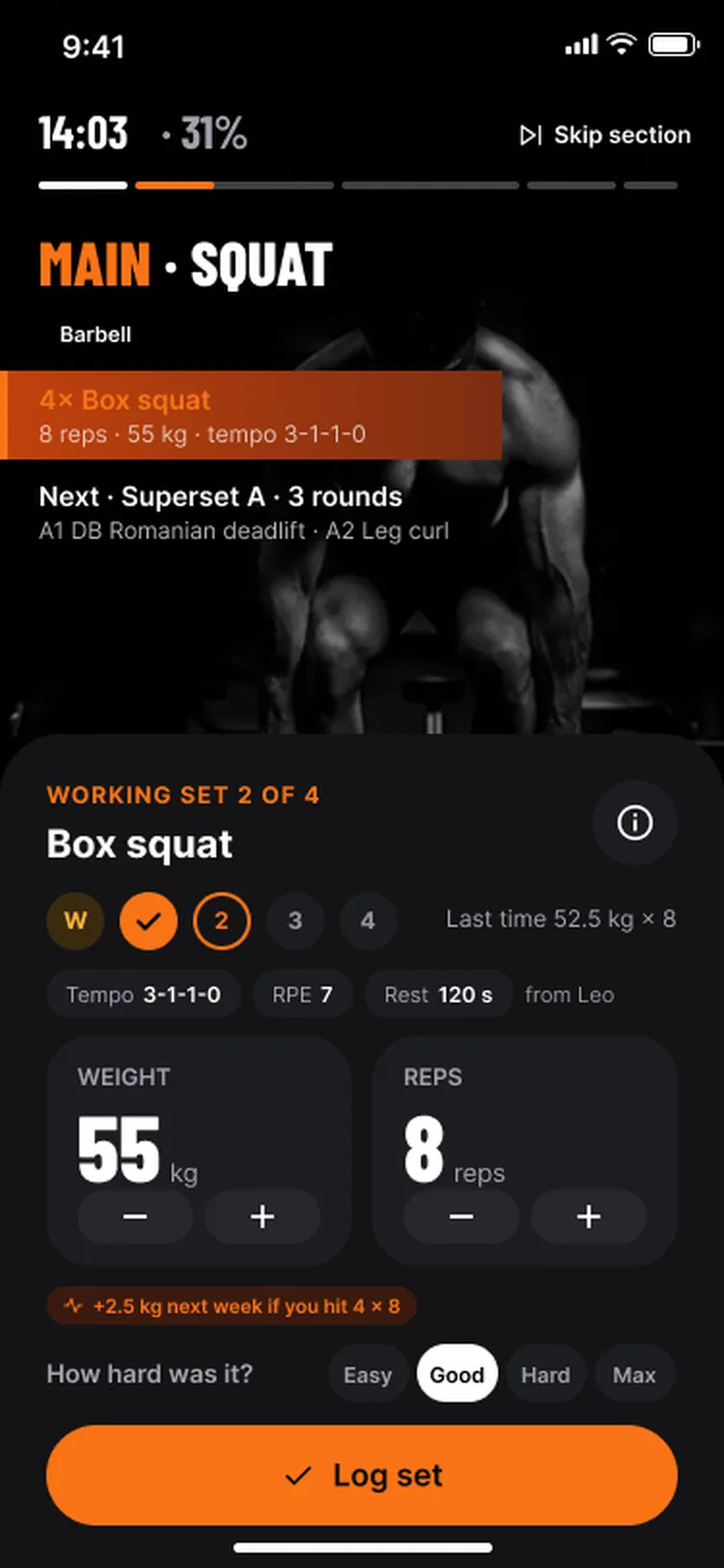 A live Fit+ workout showing the working set